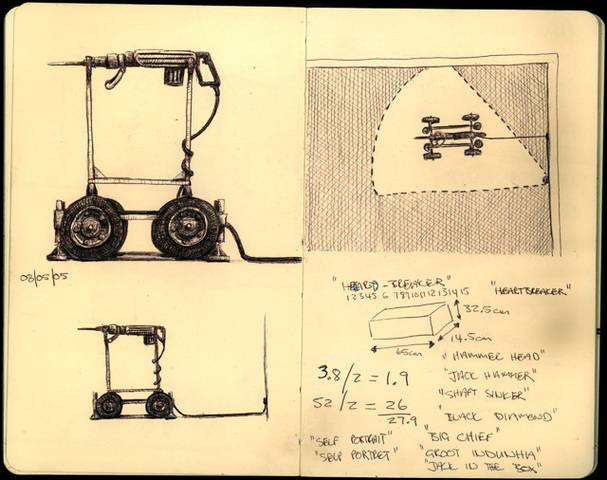 Preliminary concept drawings of Heartbreaker. The top view on the left gives an indicating how the motion sensor is positioned relative to the sculpture